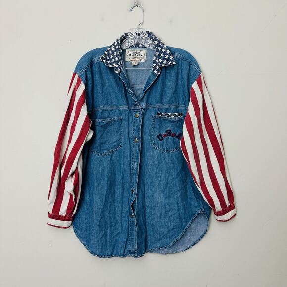 Quiz Jeans Red White And Blue Denim Button Up Shirt Women’s Size M - Picture 1 of 7